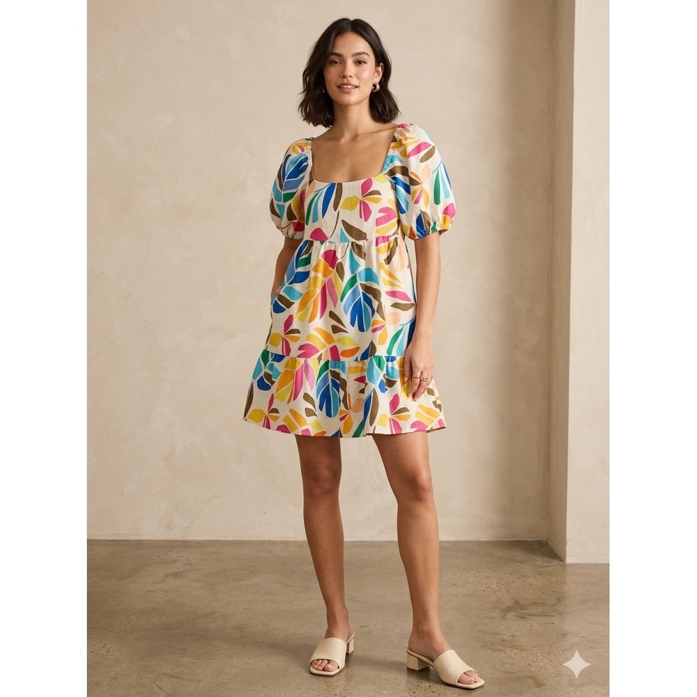 Tabitha Brown for Target Tropical Leaf Puff Sleeve Mini Dress Multicolor Small
